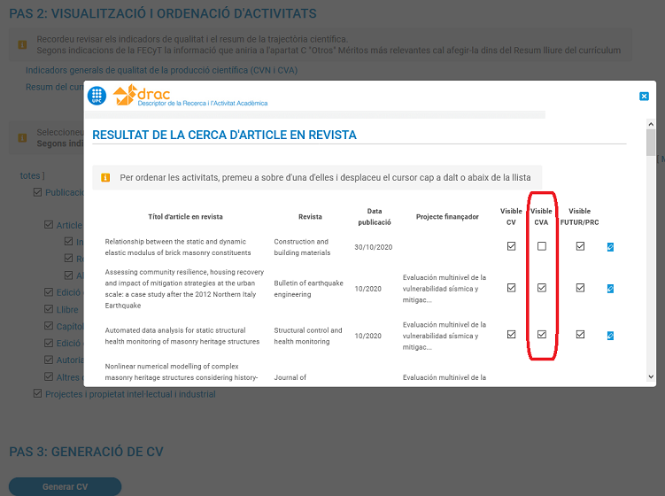 Marcar activitats pel CVA al pas 2 visualització